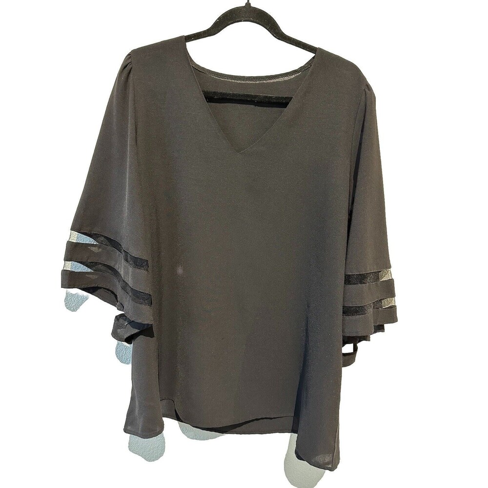 Boho Chic Flowy Blouse Mesh Stripe Flutter 3/4 Sleeve Black V Neck Top Size 2XL